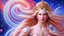 Placeholder: Create an image of a full body cosmic goddess. the goddess should be depicted as a beautiful and powerful figure, surrounded by cosmic stars. her hair should be long, blond and flowing, and she should be dressed in a flowing gown blue celestial robe. in the background, include imagery of pink flowers, blue sky, trees. the image should evoke a sense of joy, celebration, and spiritual connection to nature.