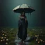 Placeholder: hauntingly visceral matte oil painting of an aristocratic female zombie facing forward, on a muddy path in an empty dandelion meadow in the pouring rain, holding a tattered and torn umbrella. The scene exudes a sinister, profound, dramatic, and fantastical dark dream atmosphere. The composition is dynamic, with complex contrast and a sinisterness that invites both fascination and unease, style by Michael Whelan and Hieronymus Bosch and Goya