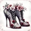 Placeholder: watercolor draw gothic vintage women's shoes, dark red with flowers, white lace and rubies, white background, Trending on Artstation, {creative commons}, fanart, AIart, {Woolitize}, by Charlie Bowater, Illustration, Color Grading, Filmic, Nikon D750, Brenizer Method, Side-View, Perspective, Depth of Field, Field of View, F/2.8, Lens Flare, Tonal Colors, 8K, Full-HD, ProPhoto RGB, Perfectionism, Rim Lighting, Natural Lightin