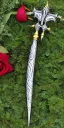 Placeholder: A large silver and Gold spear weapon covered in rose's and thorns, realistic, fantasy,