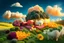 Placeholder: lifelike photography, vegetable and fruit landscape, broccoli forest, chive field, cauliflower sheep, orange sun, whipped milk clouds, raspberry flowers, cheese barn and haystack in sunshine, surrealistic