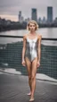 Placeholder: beautiful anorexic young female model, total shot, shiny silver triathlon swimsuit, short blond wavy bob hair, blurred city background