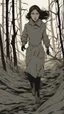 Placeholder: The young woman Lucy, dressed in modern attire, sprints through a barren and devastated forest. The trees are withered, the ground is littered with fallen branches, and an eerie silence hangs in the air.