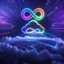 Placeholder: Colourful 3D glowing infinity symbol ∞, hovering above a colourful glowing cloud, network and lights coming from the cloud onto a futuristic map of the globe, inspiring, neon, glowing, friendly, beautiful, octane render, 8k post-production, artstation: award-winning: atmospheric: commanding: fantastical: clarity: 16k: ultra quality: striking: brilliance: liquid medium: stunning colors: amazing depth; lens: f/8, 28mm