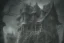 Placeholder: one Wednesday Adams, black and white, tall narrow scary house , pointy roof, cursed trees , dense dark forest, spiders, bats, bones, Escher style