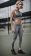 Placeholder: photography of a beautiful anorexic woman, grey satin triathlon top, sports illustrated, blond short wavy bob haircut, pronounced sternum, flat chest, anthracite cycling leggins