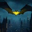 Placeholder: Batman Universe, Gothic cityscape, yellow light bat signal in sky over gotham city, dramatic, unreal engine, 8K, HD, foggy night, modern neo-gothic buildings lit up,