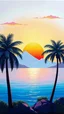 Placeholder: Oil on canvas, SILVER sunset with beside two palm tree displayed, vibrant colors, flat GLOSSY perspective, stylized pastal white mountains, stylized bodies of water, stylized sea water, simple shapes, stylized clouds, vibrant and detailed colors, soft lighting, digital art style, detailed terrain, simplified , flat design,WHITE