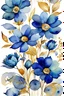 Placeholder: watercolor abstract big BLUE flowers with golden outlines on white background