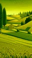 Placeholder: A yellowish green farmland with corn crops painted by Grant Wood