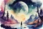 Placeholder: concept art water color style for teenagers in other planet watching the moon and mountains having adventure two teenagers mystery weird cretures trees exiting