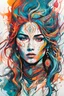 Placeholder: create an abstract expressionist illustration of a deeply spiritual, ethereal, darkly magical, epic nomadic tundra huntress with highly detailed and deeply cut facial features, searing lines and forceful strokes, precisely drawn, inked, with vibrant striking colors