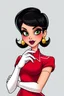 Placeholder: cartoon style image of very feminine, black haired 50 year old sexy Belgian stewardess in well fitting red uniform with short pixie cut and strong, seductive makeup, smoky green eyes, shiny white leather gloves, big thick pouty purple lips and large golden earrings who looks like Jeanna Fine