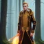 Placeholder: Male, Human, Blond, Sorcerer, Fire Mage, Golden Eyes, Young, Photorealism, Full Body Shot, Forest Background