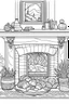 Placeholder: Cozy fireplace scene with stockings hung, clean line art, well outlined, white background, for kids coloring book.