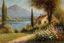 Placeholder: Sunny day, mountains, river, distant house, flowers, trees, claude monet and charles leickert impressionism paintings