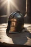 Placeholder: The Roman centurion's helmet lies on an old cracked wooden table. Next to it on the table is a cross on a string and a scroll of parchment. A ray of sunlight reflects off the helmet. All around is the entourage of ancient Rome. High quality image in 8K