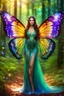 Placeholder: Gorgeous Photography Realistic Natural Beautiful butterfly woman straddle wings with gown shiny brown flowing hair, glitter colorful butterfly wings, lovely glowing green eyes, surrounded by magical colorful forest and flickering lights, digital photography, kaleidoscope, vibrant colors, vivid colors, colorful,she wak in magic forest full sparkling light