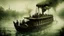 Placeholder: Illustration of a riverboat with people on board, with a cloudy, hazy sky as the background. The boat is painted in muted greens and browns, with a tall smokestack emitting dark smoke. It is equipped with a bow-mounted gun and a complex array of mechanical components. The water reflects the boat and the sky, creating a mirror image with distorted ripples. The overall style evokes conceptual art, with a focus on texture and detail. The color palette is dominated by grays, greens, and browns, crea