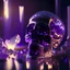 Placeholder: Highly detailed High resolution octane render of a Transparent skull made from 1000 tiny clear shiny glass diamonds, casting shiny reflections around the room, wide angle lens, purple flames lick the walls in the Bokeh background