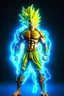 Placeholder: realistic 3d rendering of goku super saiyan fused aquaman, surrounded by lightning, big muscular, full body photography, hyperrealistic