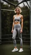 Placeholder: photography of a beautiful anorexic woman, grey satin sports bra, sports illustrated, blond short wavy bob haircut, pronounced sternum, grey running leggins