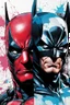Placeholder: Poster in two gradations, split in half, one side "deadpool", other side "batman", midline of the face, painting by Yoji Shinkawa, solid, pastel and splash colours, detailed iridescent, metallic, translucent, dramatic lighting, hyper futuristic, digital art,