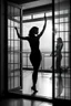 Placeholder: behind a glass door dancing a silhouette of one nice woman, high quality, highly detailed, stunning, high realistic picture, impressive, sharp focus, perfect body, perfect shot, professional photo, noir