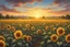 Placeholder: a field of sunflowers , there is a sunset, bees, butterflies and flowering trees in the distance. Good definitions, lots of delicate details