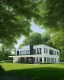 Placeholder: Architectural drawing of a luxurious modern country house, trees, people and cars, complementary colors