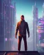 Placeholder: Santa Cruz in cyberpunk clothes standing on rooftop, cool cyberpunk city in background