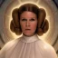 Placeholder: hyperspace background, complete and photo realistic detailed head to waist stunning photo realistic portrait of carrie fisher as Princess Leia in star wars with photo realistic updo by Mandy Jurgens and mucha and Richard Schmid and chuck close and chie yoshii, extraordinary and detailed ceremony dress of star wars,brown eyes