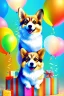 Placeholder: Cute, fluffy, happy looking small Corgi dog sitting next to it, colorful, summer time, birthday, festive atmosphere, detailed, congratulating