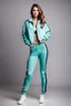 Placeholder: fullbody shot of young-beautiful-girl-with-a-perfect-face-with-make-up-wearing- sport pants and jacket standing , prophesional photography studio