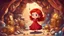 Placeholder: A little red-haired girl wearing a red dress is in a golden cave with many treasures, diamonds and treasure chests. Style cartoon