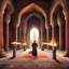 Placeholder: Hyper Realistic people praying inside prehistoric brick mosque with ancient flame torches with tore carpets & a Lalten