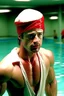 Placeholder: brad pitt from fight club wearing swimming trunks and a bathing cap