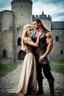 Placeholder: A photo realistic portrait of a stunning blonde girl and muscular long haired viking in a lovers embrace in modern clothing, standing in front of a medieval castle