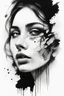 Placeholder: A realistic drawing in negative space black ink on white background of a beautiful girl with abstract face