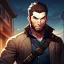 Placeholder: Portrait, Bearded, gunslinger, with short brown hair, serious blue eyes, Cowboy Coat