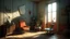 Placeholder: Paint a domestic interior with a surreal touch: slightly deformed furniture, strange angles and objects out of place, using muted colors and diffused natural light, inspired by Matthias Weischer, combining realism with an atmosphere of mystery and contemplation.