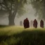 Placeholder: Three men in long hooded robes striding towards a tent in the shade of oak trees at afternoon