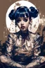 Placeholder: Poster in two gradually, a one side the Singer Melanie Martinez face, full body, sit pose, painting by Yoji Shinkawa, darkblue and sepia tones,sinister, detailed iridescent, metallic, translucent, dramatic lighting, hyper futuristic, digital art, shot with Sony Alpha a9 Il and Sony FE 200-600mm f/5.6-6.3 G OSS lens, natural light, hyper realistic photograph, ultra detailed -ar 3:2 -q 2 -s 750,malevolent goth vampire girl face and other side