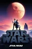 Placeholder: movie poster for Star Wars featuring luke and leia in iconic charlie's angels poses atop of a giant stone shaped as the words "STAR WARS", the death star in background in the sky, silhouette of darth vader in greater background