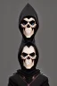 Placeholder: 1950s goofy vinyl toy of a skull face character wearing a black hooded cloak, drawn in a early animation rubber hose animation style, inside a lighter diamond shape on a black background, monochromatic