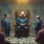 Placeholder: rich pig in suit on a throne making stacks of money by making a deal with a buisnessman. background of musicians. Payday payday. beksinski style. politicians