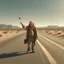 Placeholder: Hitchhiker on desert highway who looks like Rutger Hauer, thumb out, mid shot, concept art trending on Artstation, natural lighting, hyperrealistic,