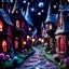 Placeholder: Detailed creepy street made of modeling clay, village, stars and planets, volumetric light flowers, naïve, Tim Burton, strong texture, extreme detail, Max Ernst, decal, rich moody colors, sparkles, Harry Potter, bokeh, odd