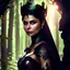 Placeholder: Morena Baccarin as a beautiful sexy dark elf queen seated elegantly on a throne in a mystical forest, dark celtic vignette frame, photo-realistic, cinematic lighting, award-winning photography