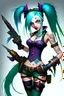 Placeholder: Jinx is a fictional character from the video game "League of Legends." She is typically depicted with long, blue hair and green eyes, and wears a stylish and revealing outfit that resembles a classic magicians' costume. Jinx is often armed with a variety of weapons such as swords, explosive devices, and sharp throwing stars which she uses to fight her enemies in battle. Her chaotic and unpredictable nature is reflected in her maniacal laughing and energetic movements.